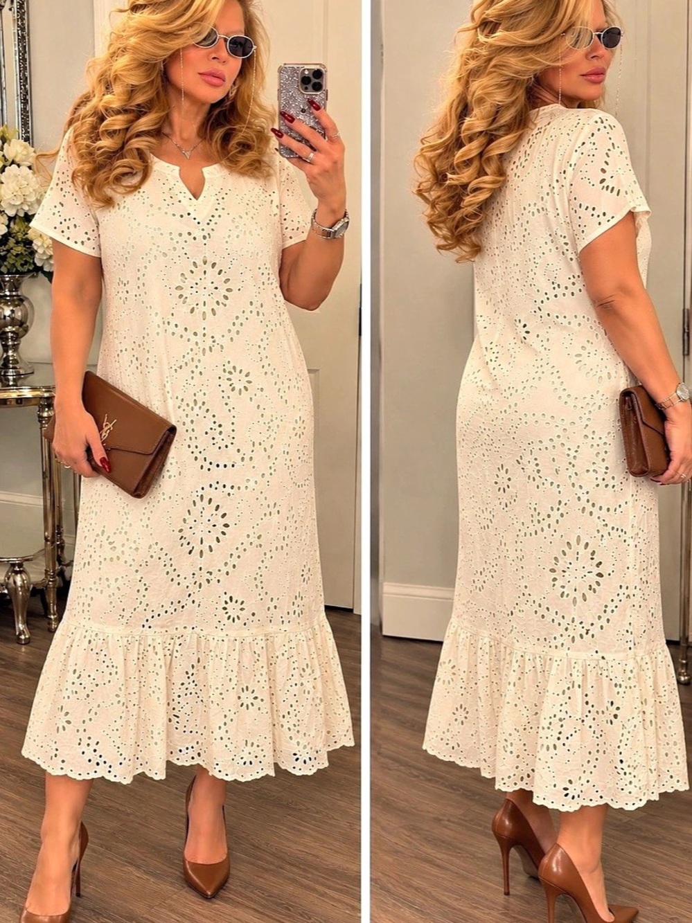 Eyelet Floral Midi Dress in Cream Like New